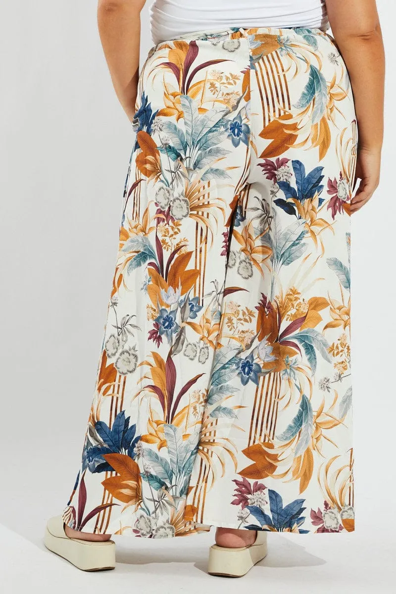 Quick Access Pockets Light and Cozy Multi Floral Wide Leg Pants Belted