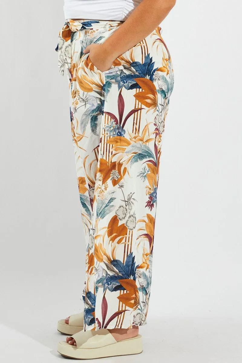 Sustainable Material Blend Multi Floral Wide Leg Pants Belted