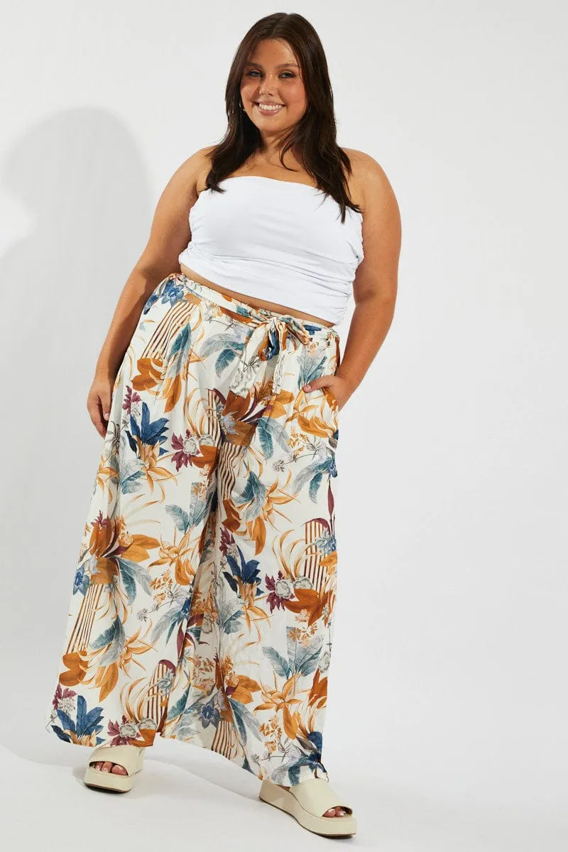 Functional Style Breathable Design Multi Floral Wide Leg Pants Belted