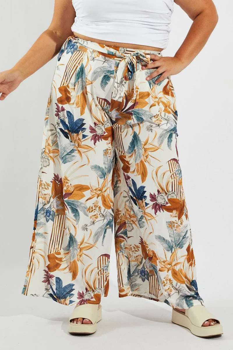Flattering Style Multi Floral Wide Leg Pants Belted