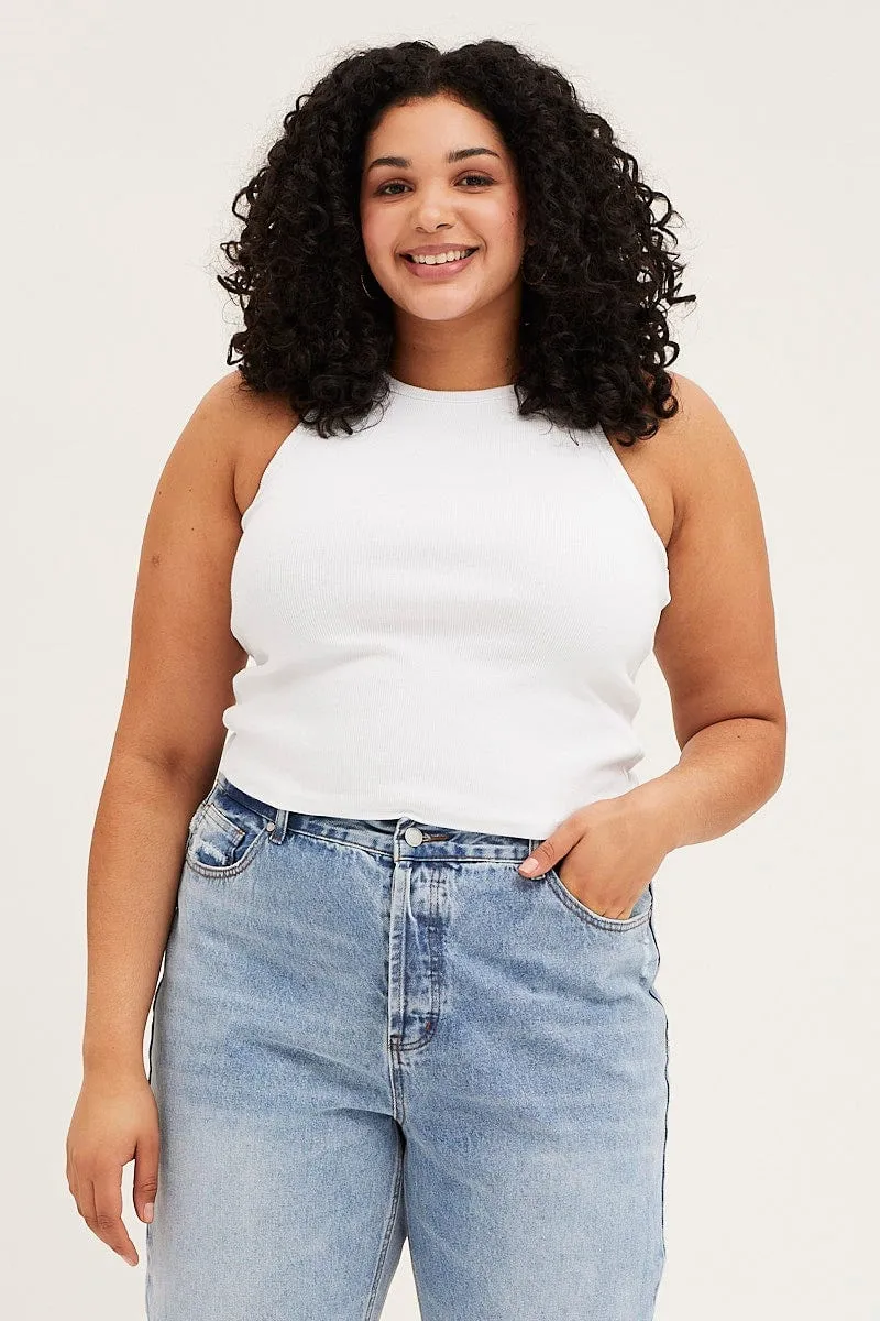 casual fun White Tank Top Crew Neck Rib