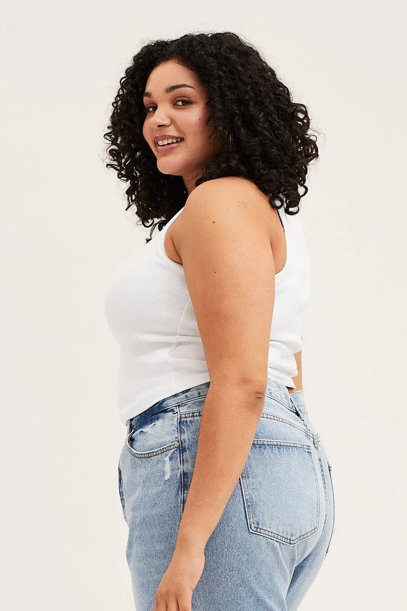Fame Glow NoSlipWaistband White Tank Top Crew Neck Rib