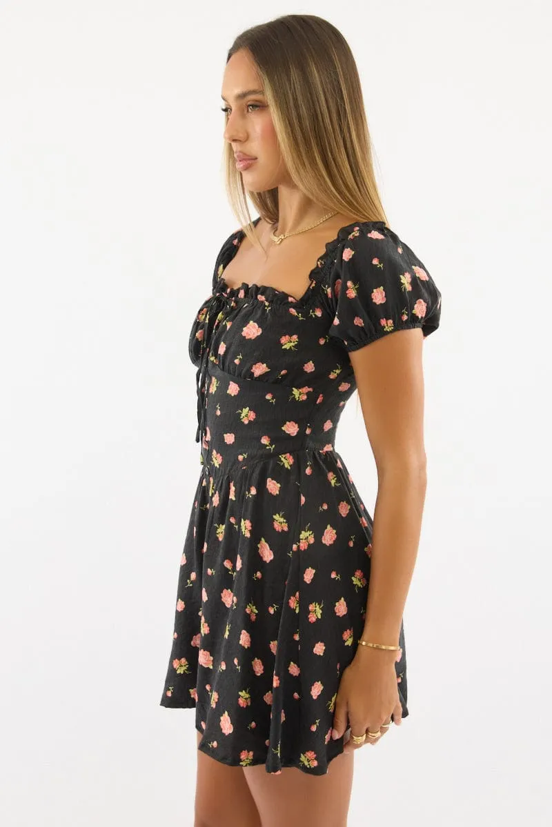 Black Ditsy Fit And Flare Dress Mini Floral Pattern