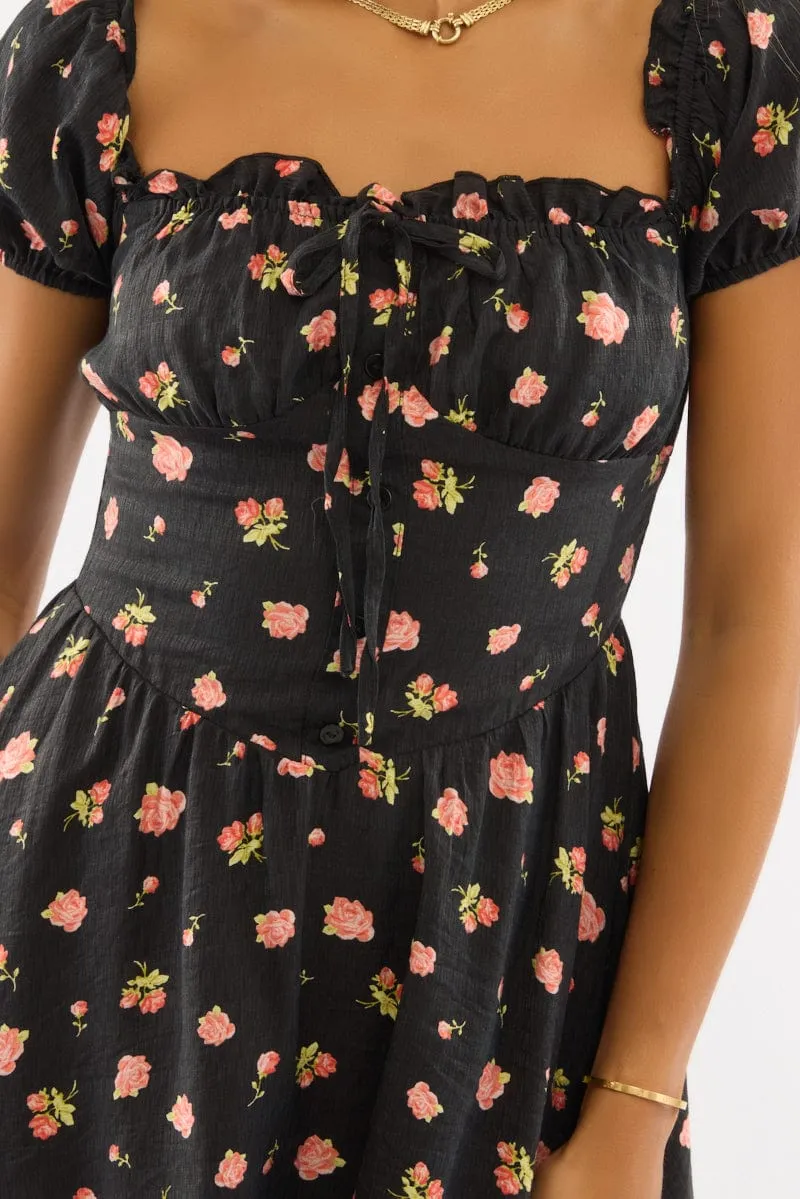 Black Ditsy Fit And Flare Dress Mini Day-to-evening versatile mini Bright-colored mini