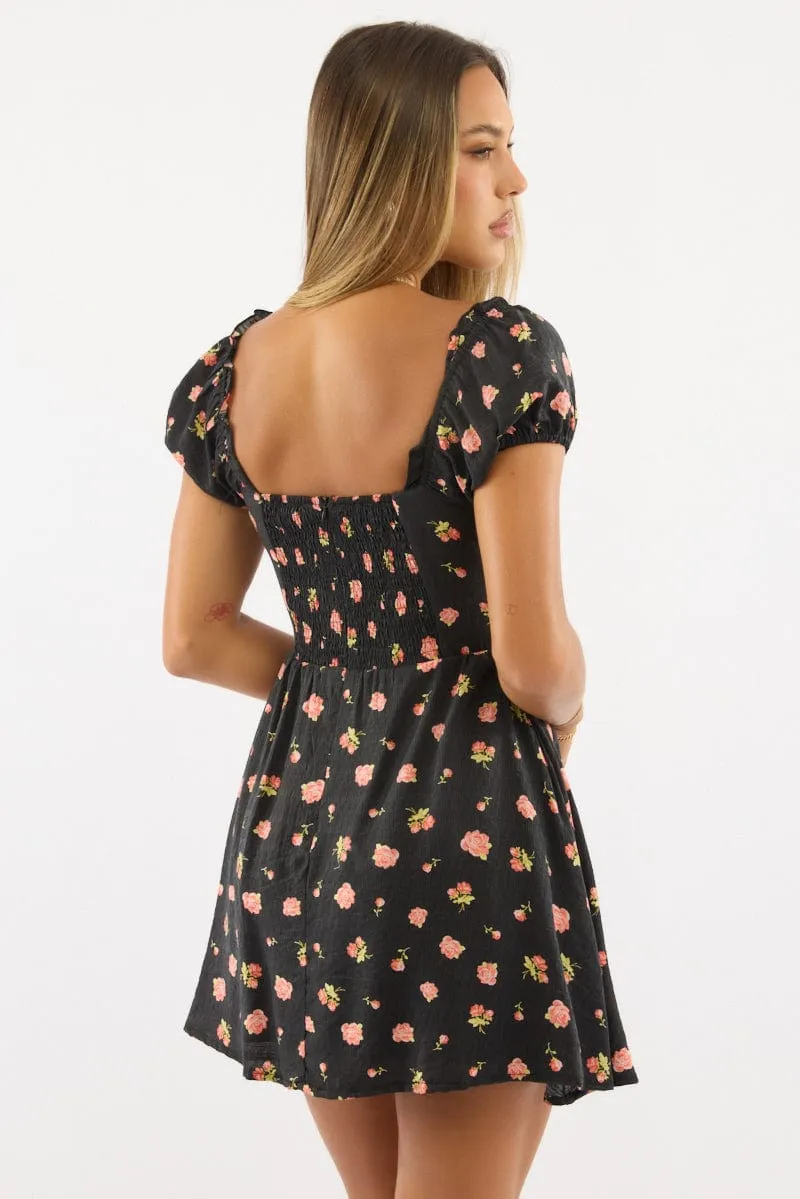 Glow Cool Flirty off-the-shoulder mini Black Ditsy Fit And Flare Dress Mini