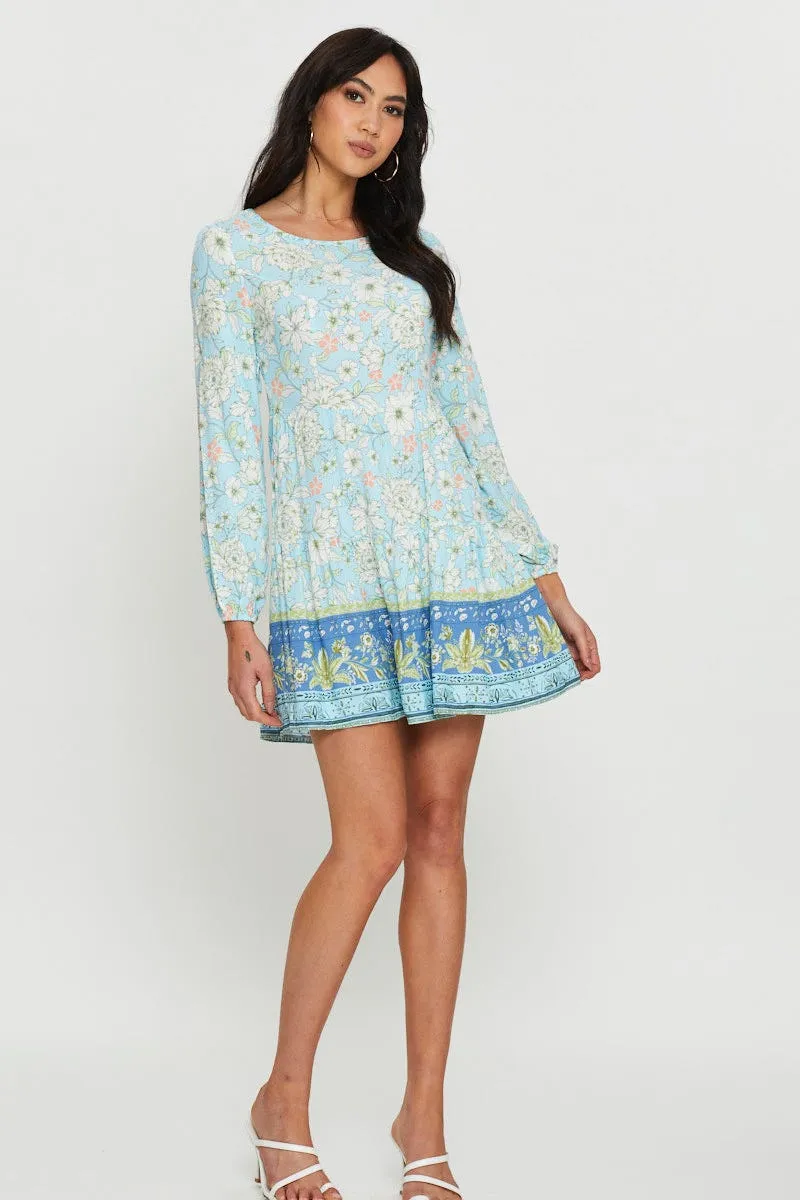Stretch Fit Design Fashion-forward short dress Boho Print Mini Dress Long Sleeve