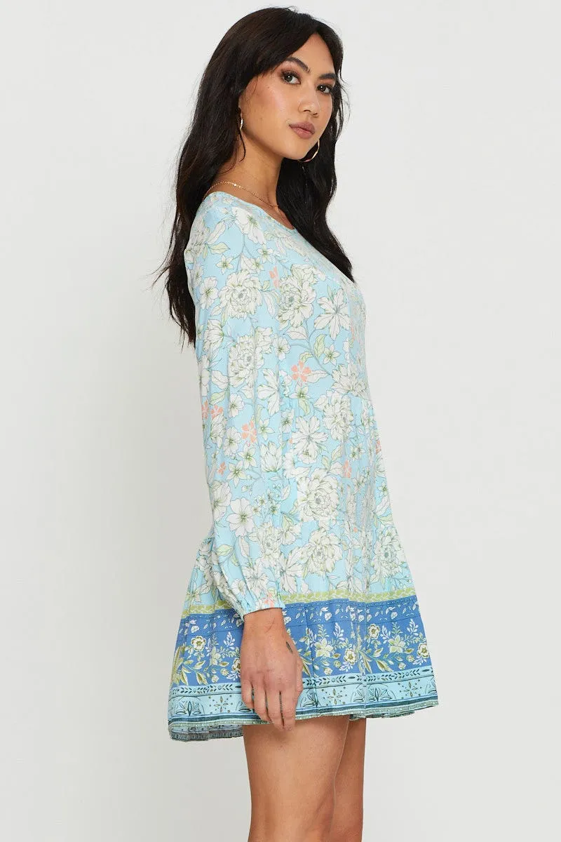 Elastic cuffs Boho Print Mini Dress Long Sleeve