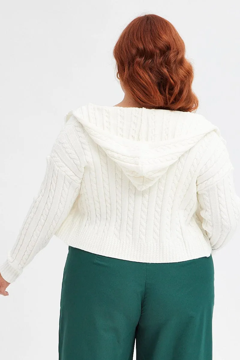 label accents White Cable Cardigan Long Sleeve Hoodie