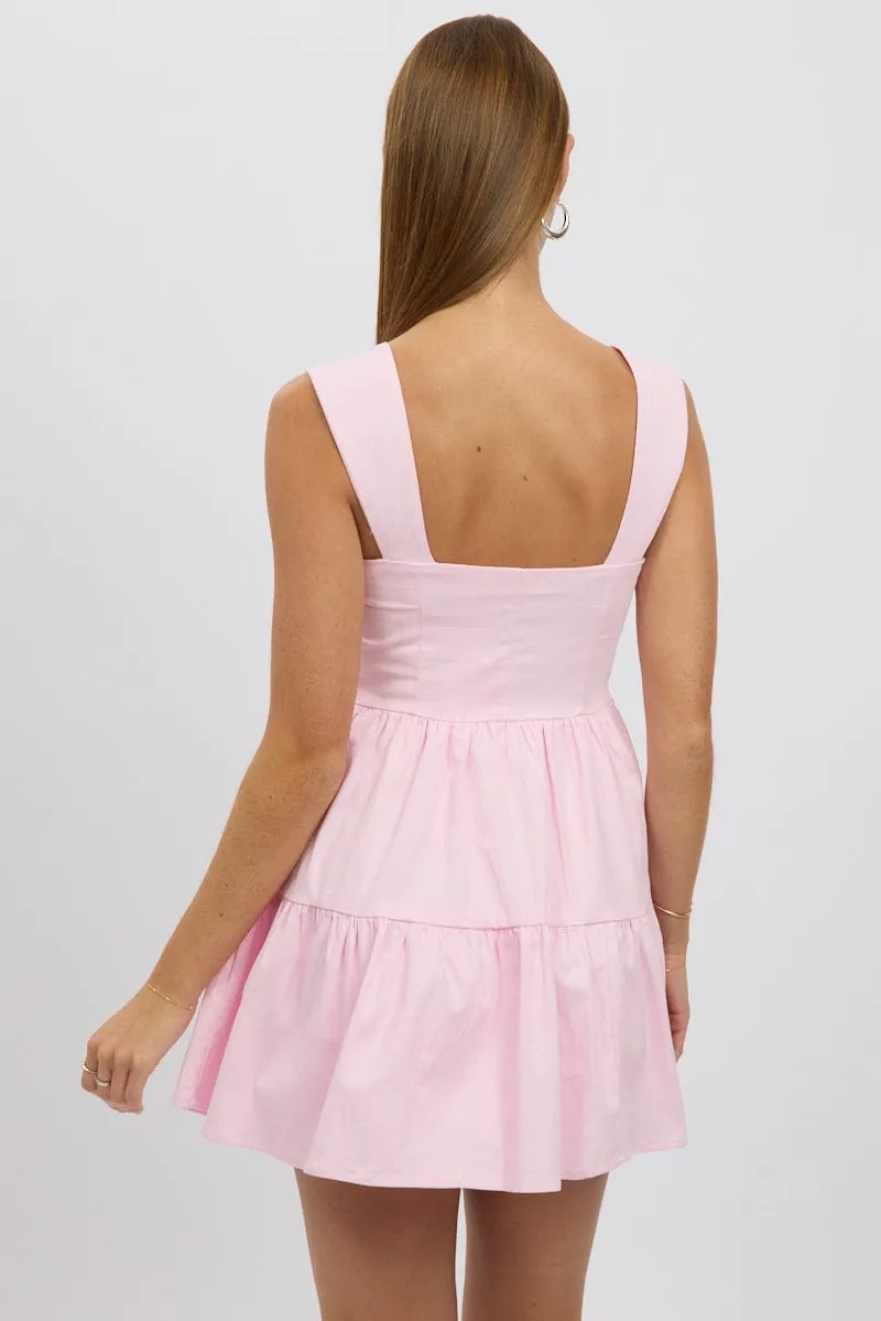 Shine Glow Pink Fit And Flare Dress Mini Front Button Placket