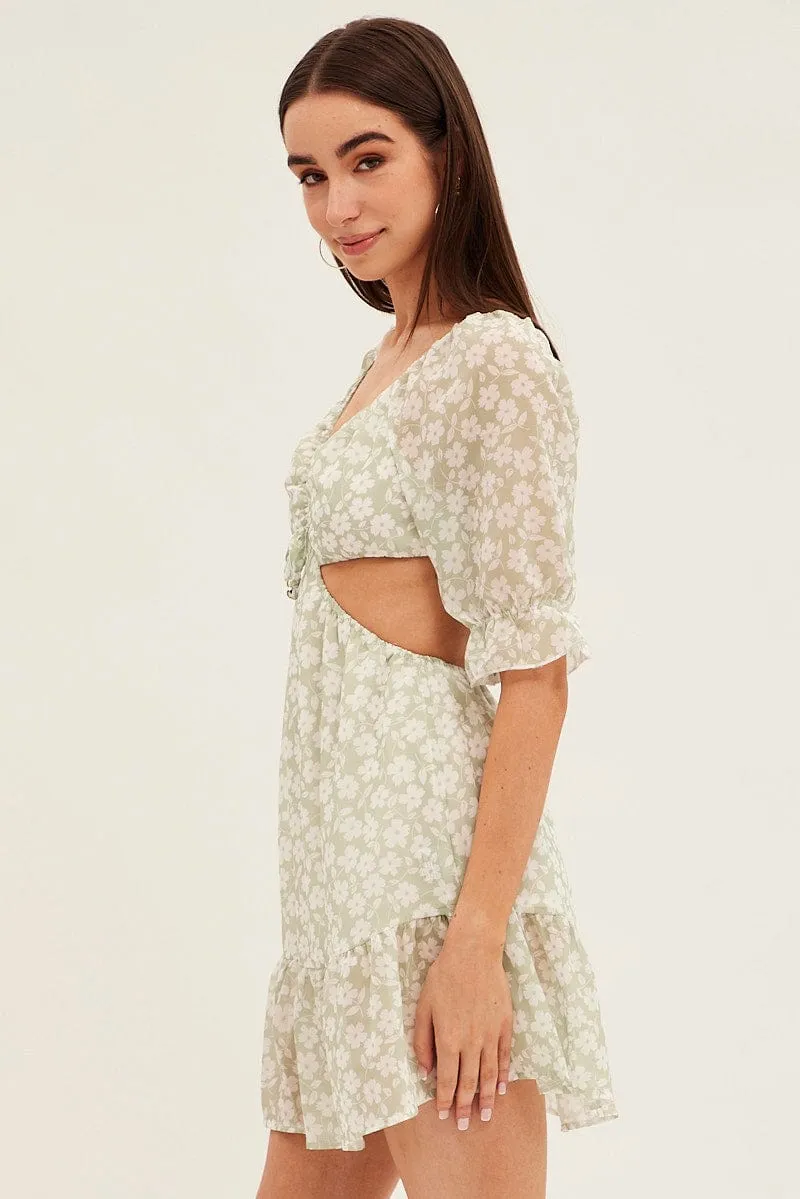 Thermal Insulation Layer Stone Glow Green Floral Cutout Skater Dress