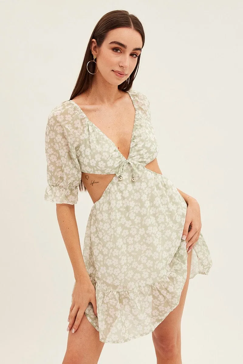 Simple Fashion Relaxed Jeans Green Floral Cutout Skater Dress