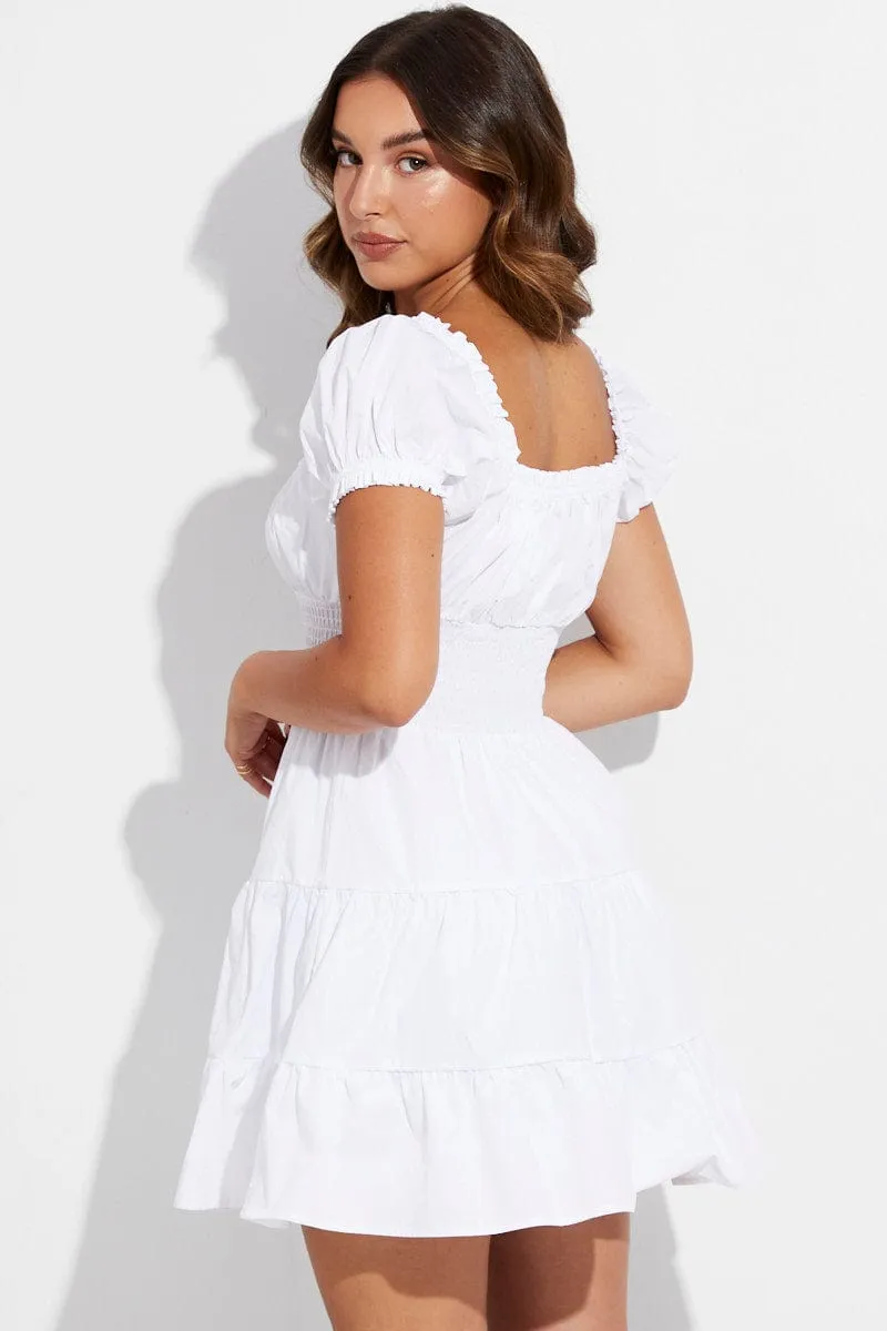 LightweightTextile QuickRelease Closures White Skater Dress Short Puff Sleeve V Neck Cotton