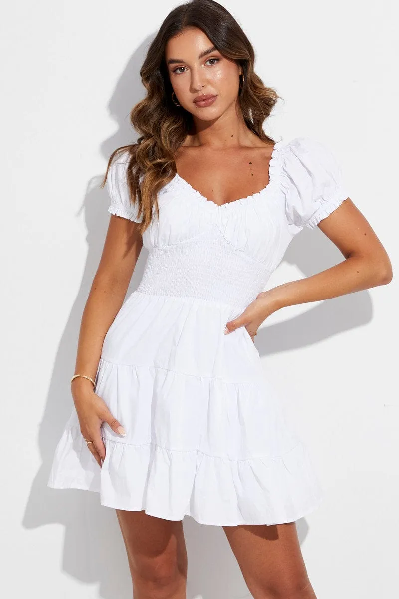 White Skater Dress Short Puff Sleeve V Neck Cotton Adjustable Hem