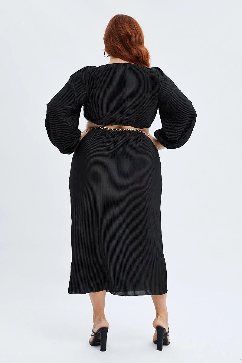 Black Midi Dress Long Sleeve Cut Out Plisse Space Glow Daily Office