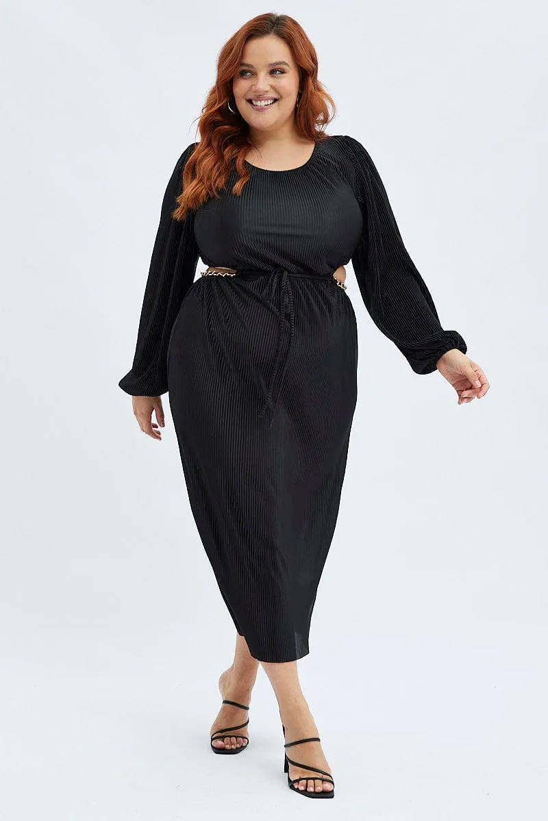 Desk To Dinner Casual Fashion Black Midi Dress Long Sleeve Cut Out Plisse