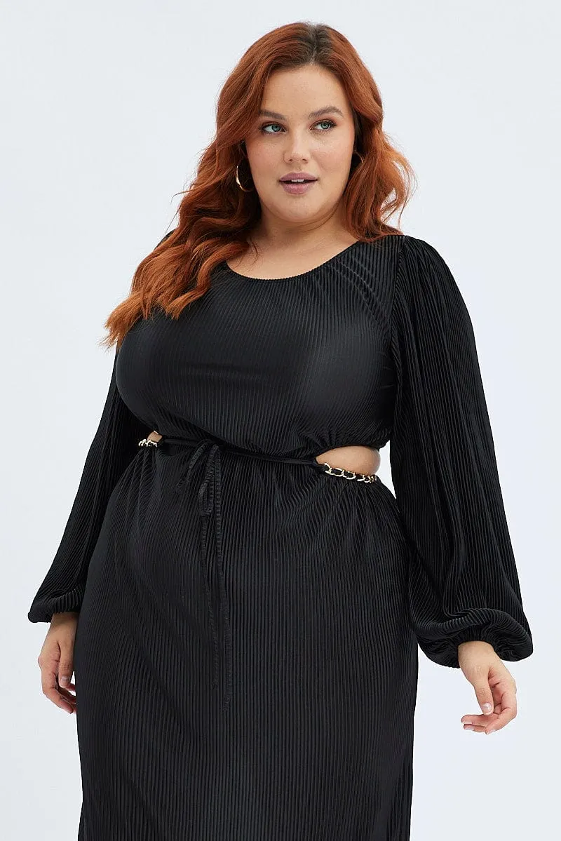 Gallery Tour Sleek Fashion Black Midi Dress Long Sleeve Cut Out Plisse