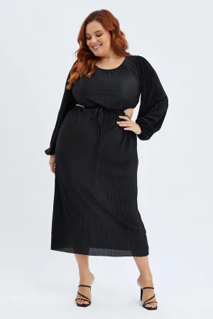 Relaxed Style Black Midi Dress Long Sleeve Cut Out Plisse