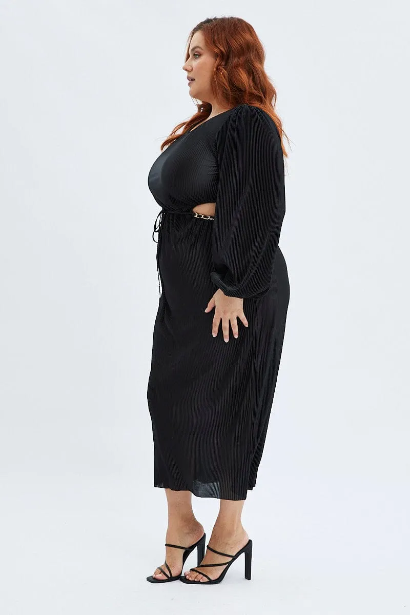Black Midi Dress Long Sleeve Cut Out Plisse Sea Scent Confident Girl