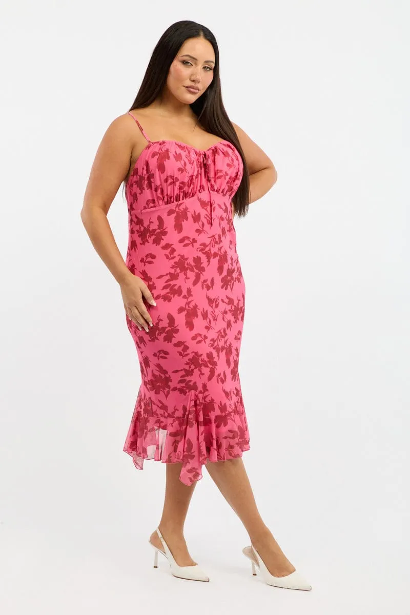 Pink Floral Midi Dress Sleeveless Mesh Ruffle Vintage-inspired knee-length piece Light Dance