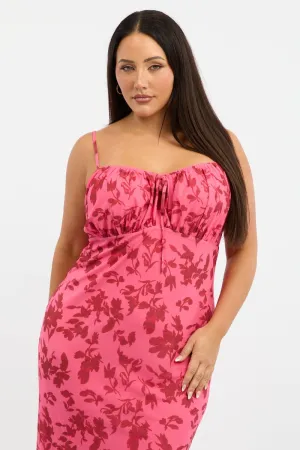 Sophisticated Fit Easy Fit Pink Floral Midi Dress Sleeveless Mesh Ruffle