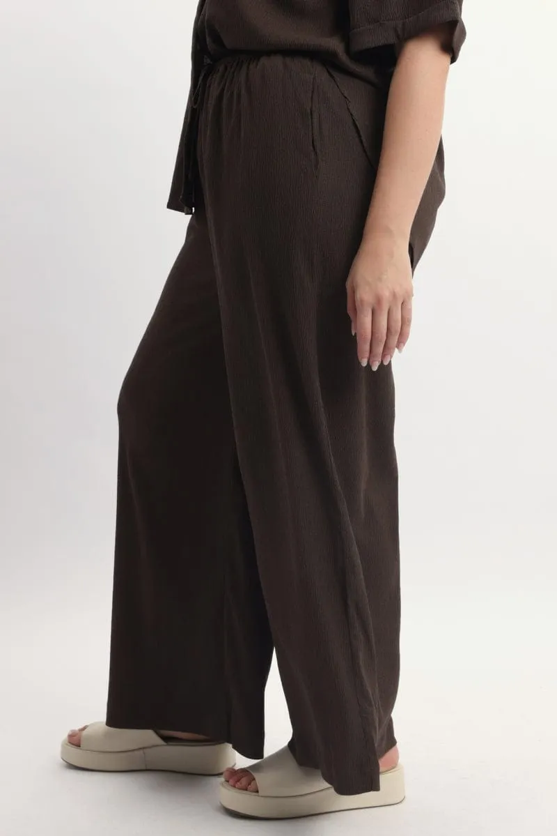 Brown Textured Wide Leg Pants SturdyBeltLoops Stain Repellent Coating
