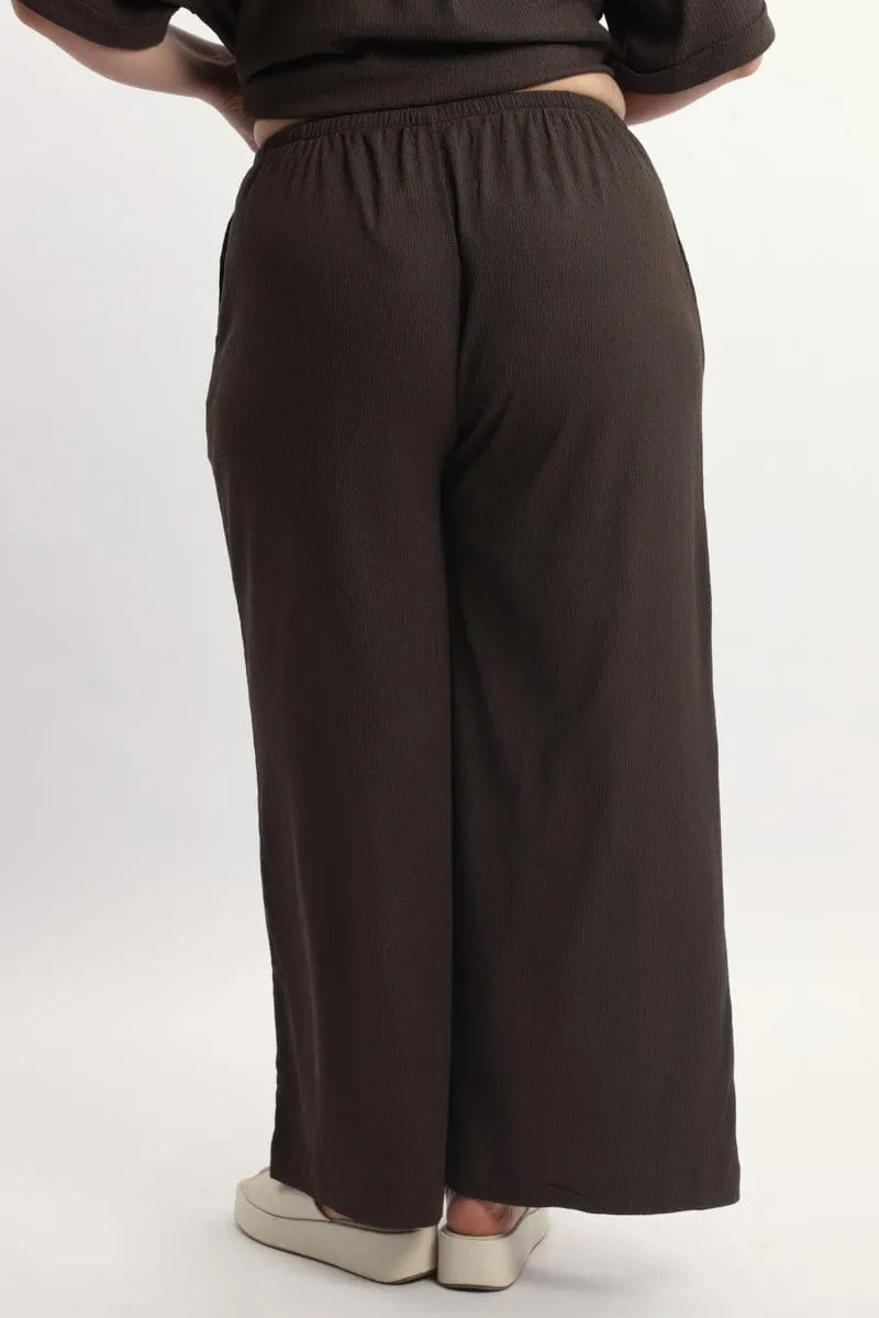 Work Essential Brown Textured Wide Leg Pants