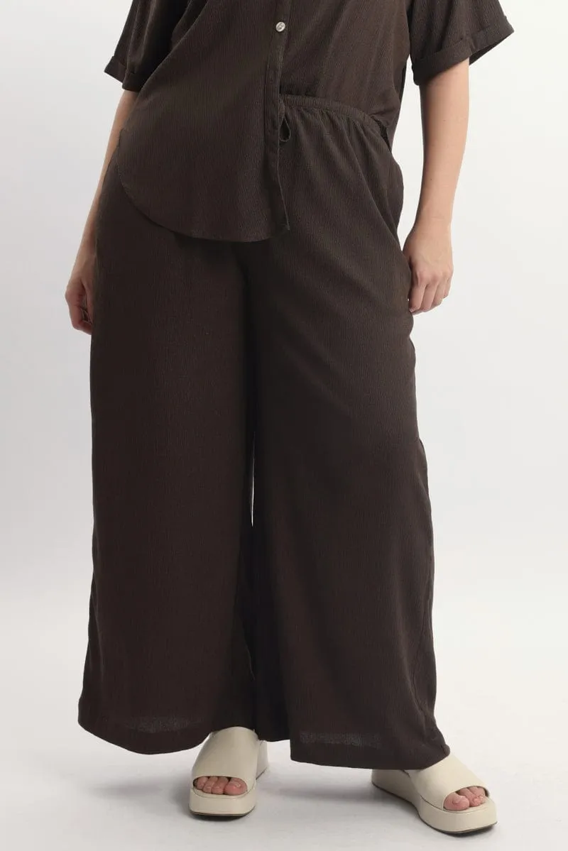 Brown Textured Wide Leg Pants UVProtectionCoating Adaptable Fit