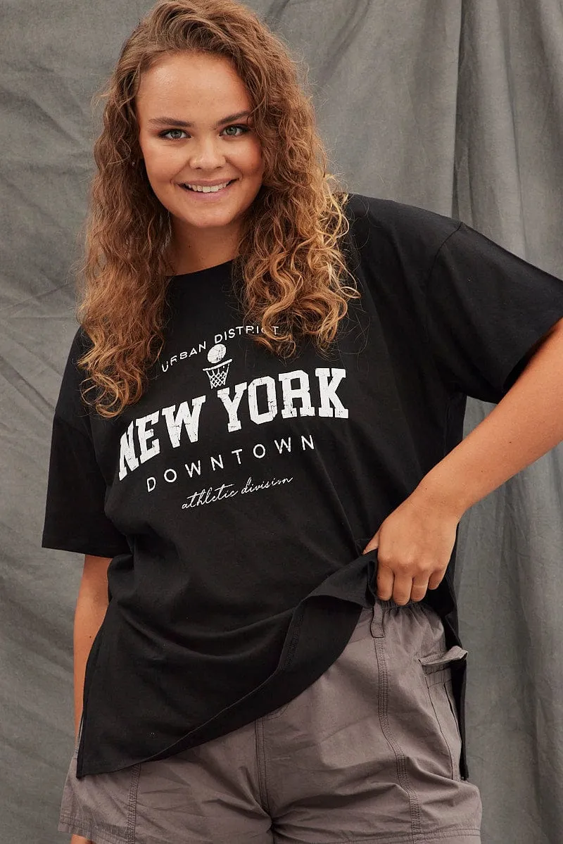 Black Graphic T-shirt New York Short Sleeve Side Split No Slip Shoulder Design Functional Comfort