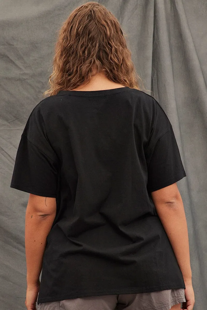 Geometric Print Black Graphic T-shirt New York Short Sleeve Side Split
