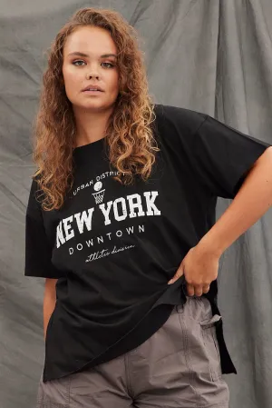 Daily Casual Black Graphic T-shirt New York Short Sleeve Side Split