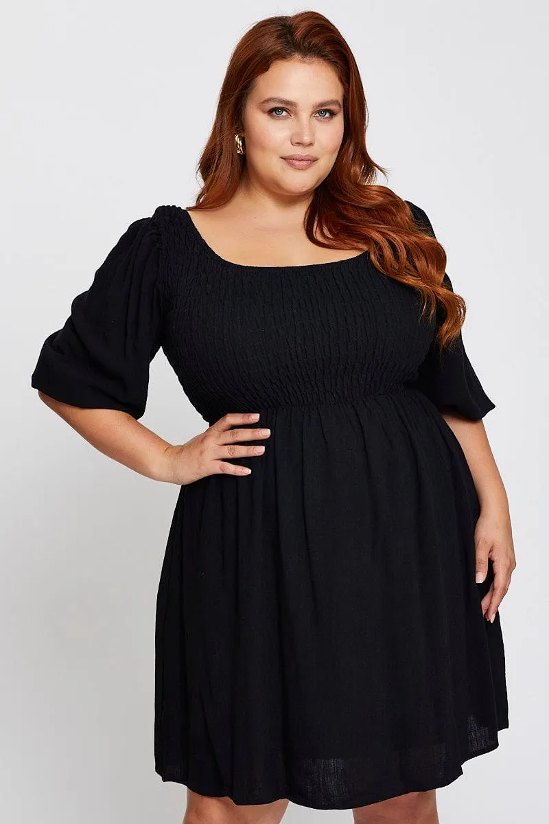 Black Shirred Bodice Mini Dress Cozy Comfort Street Chic