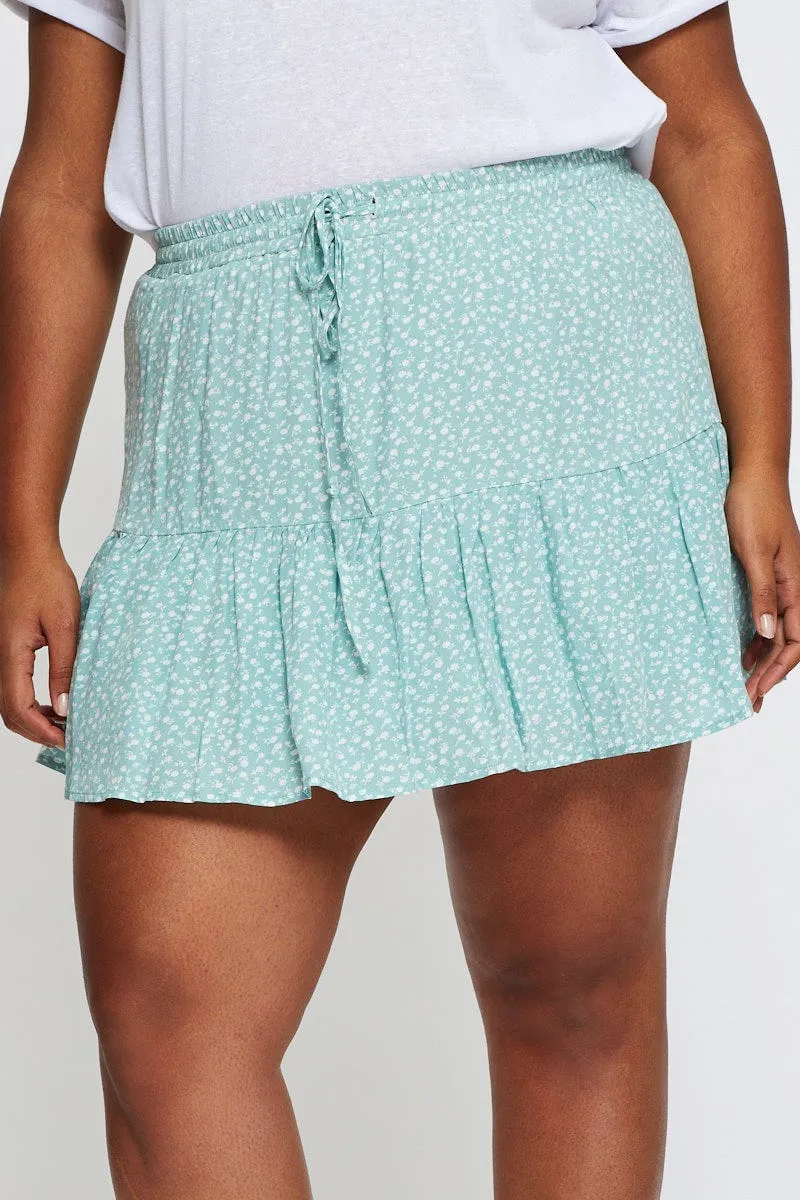 Draped Design Floral Print Mini Skater Skirt Elastic Waist