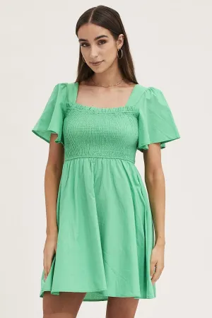 Green Mini Dress Square Neck Show Glow
