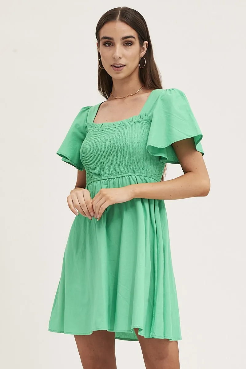 Smart Casual Wear Green Mini Dress Square Neck