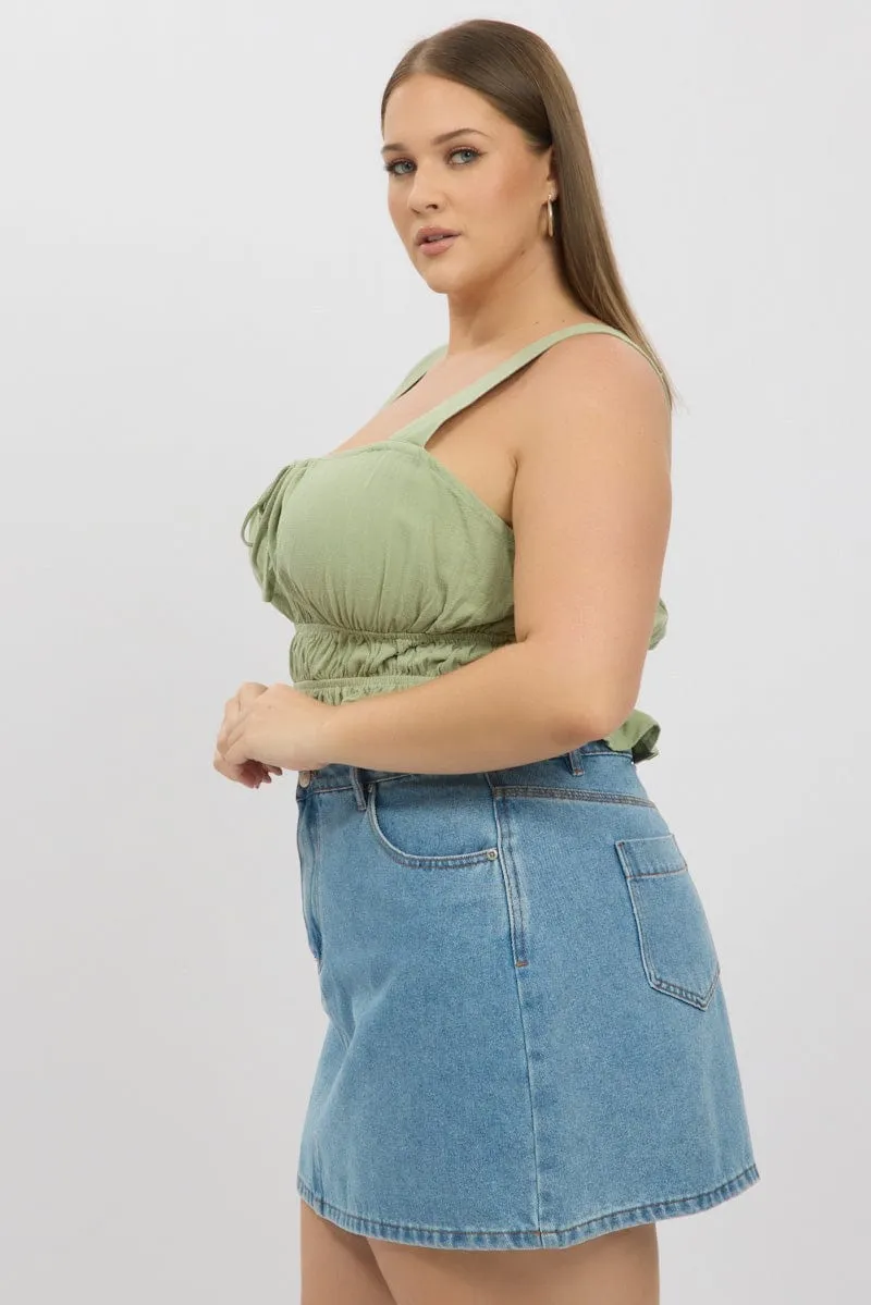 WrinkleResistantFabric Bold Fashion Green Tie Front Crop Top Sleeveless Ruched