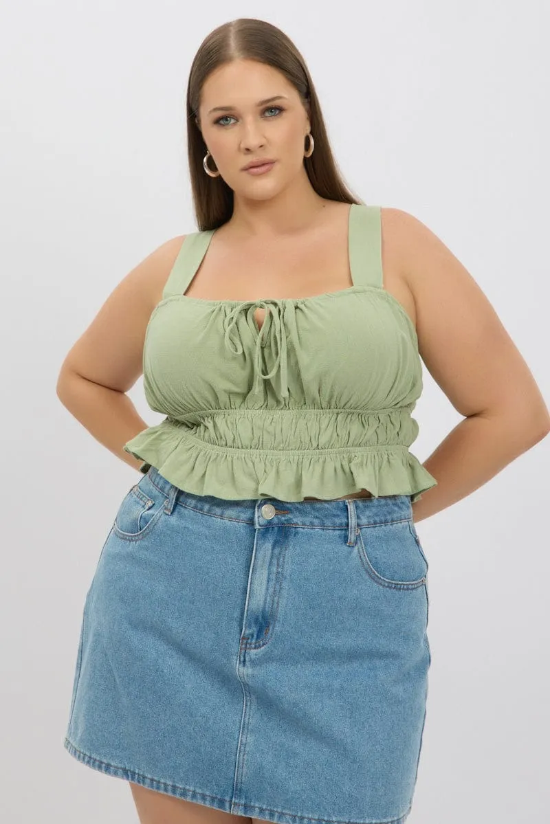 WaterRepellent Green Tie Front Crop Top Sleeveless Ruched