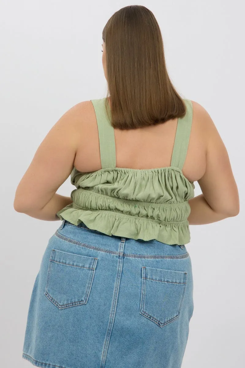 Green Tie Front Crop Top Sleeveless Ruched StaticFree Material FrictionReducing Lining