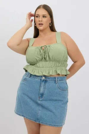 Comfort Design Green Tie Front Crop Top Sleeveless Ruched