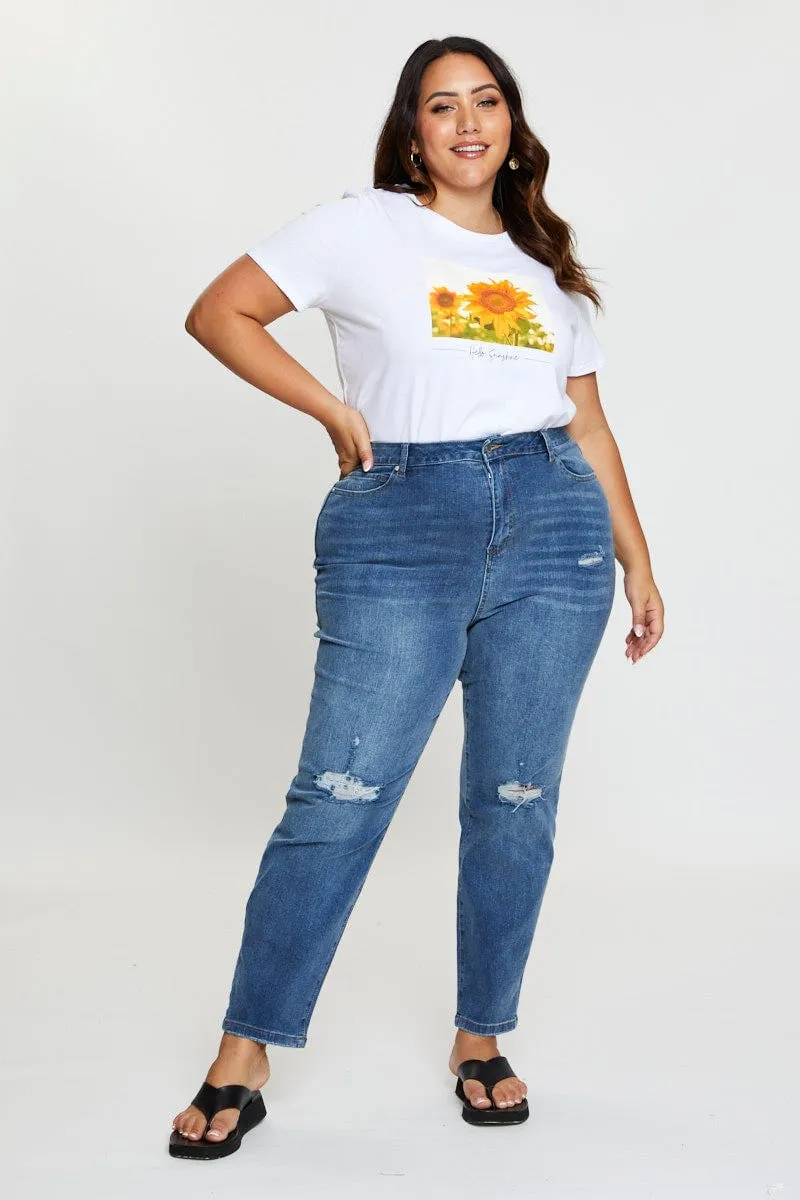 Sports Apparel White T-shirt Sunflower Crew Neck Short Sleeve Cotton