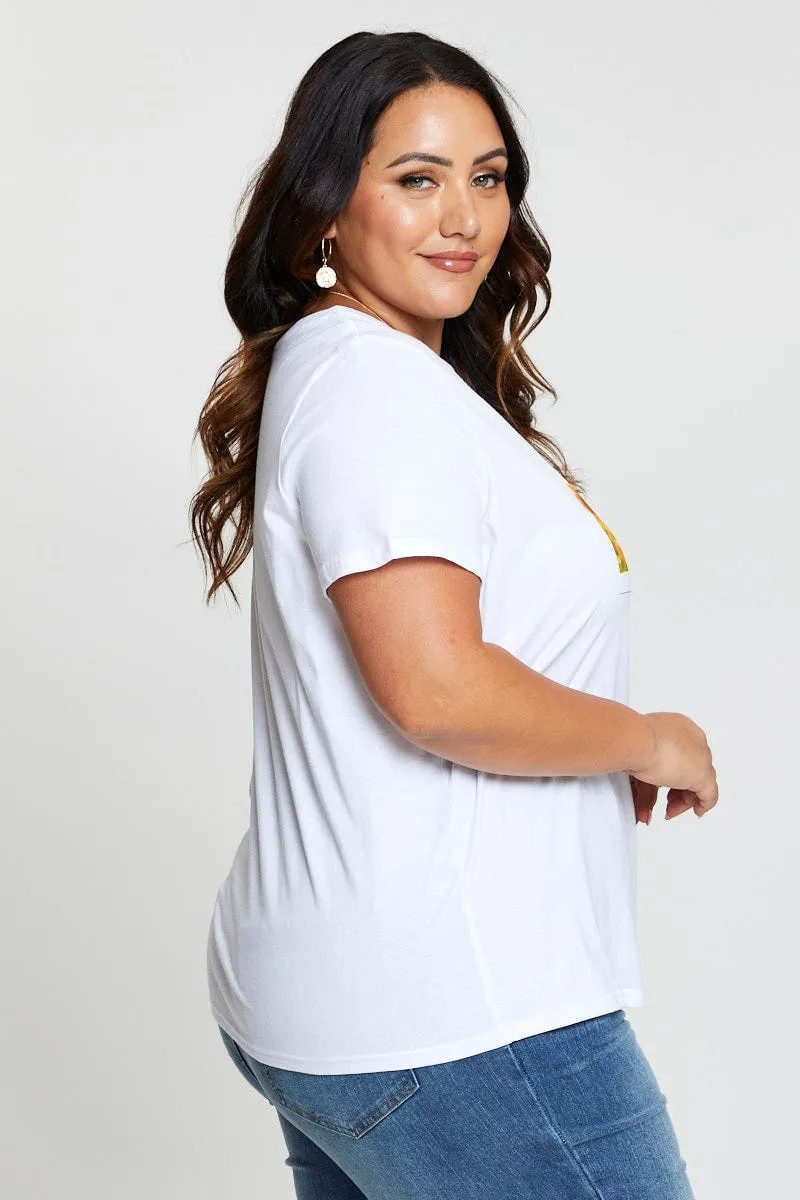 White T-shirt Sunflower Crew Neck Short Sleeve Cotton Stretchable Weave