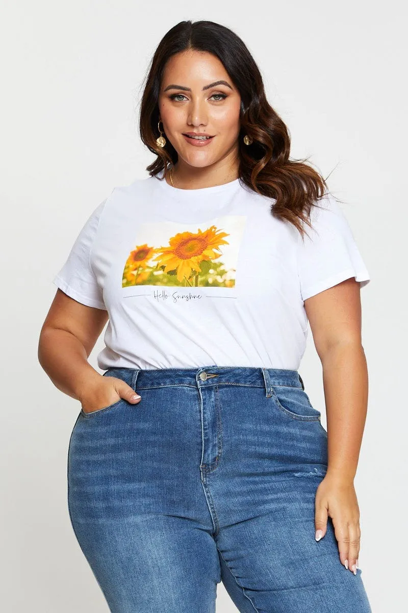 White T-shirt Sunflower Crew Neck Short Sleeve Cotton Timeless Top Versatile Fashion