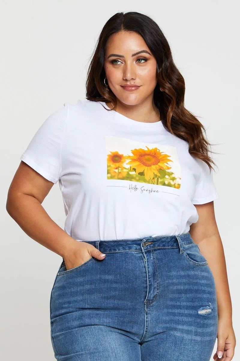 Casual Comfort Look White T-shirt Sunflower Crew Neck Short Sleeve Cotton