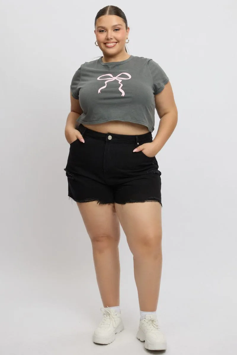 Black Knee Length Shorts High Rise Star Fit