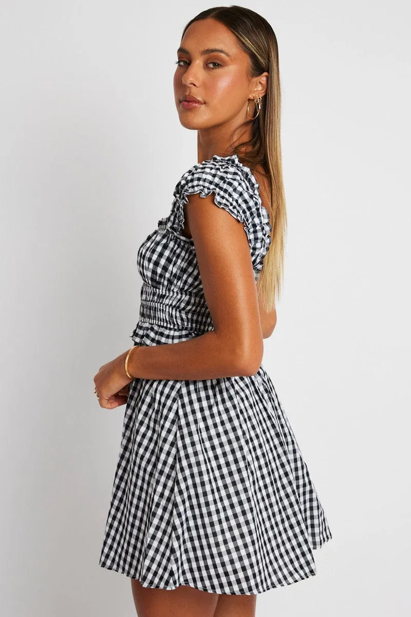 Layered Hem Details Black Check Fit And Flare Dress Sleeveless