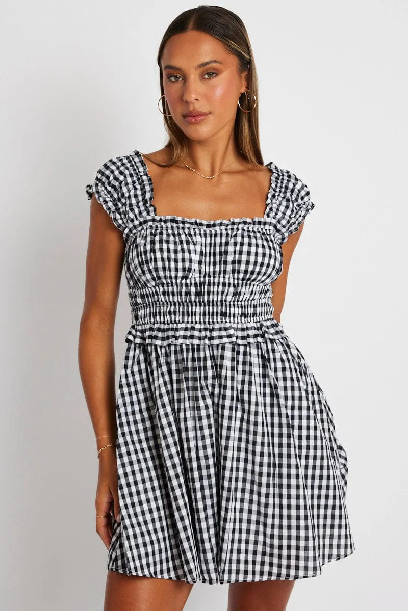 NonRestrictive Fit Functional Fashion Black Check Fit And Flare Dress Sleeveless