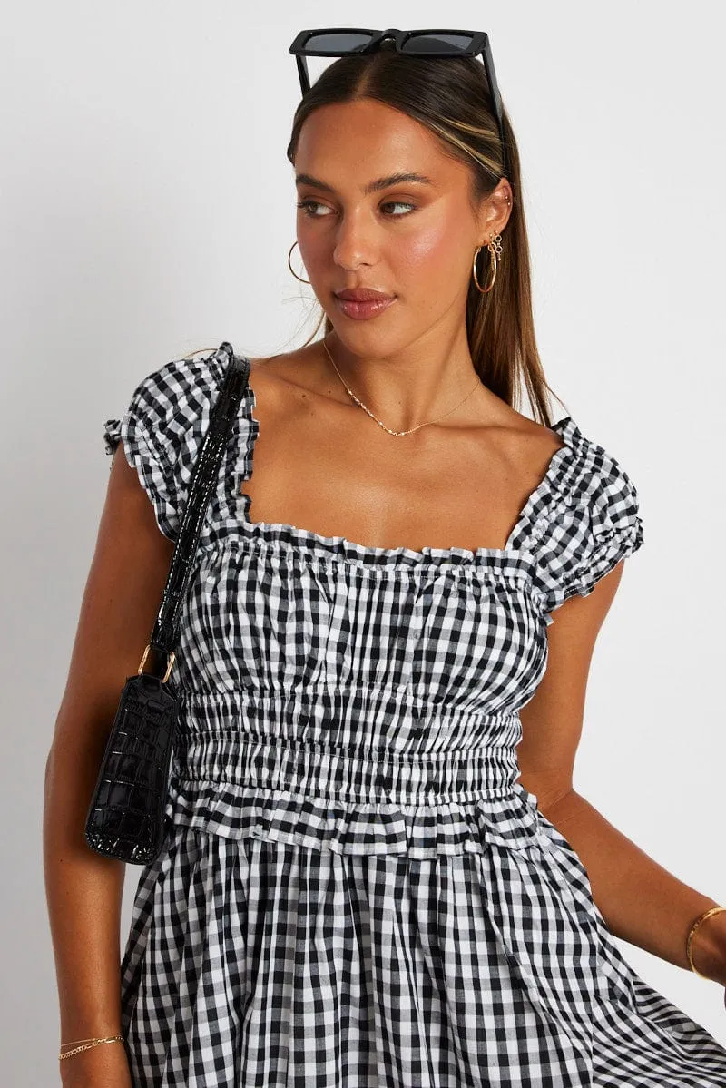 Black Check Fit And Flare Dress Sleeveless SmoothZipper Casual dress