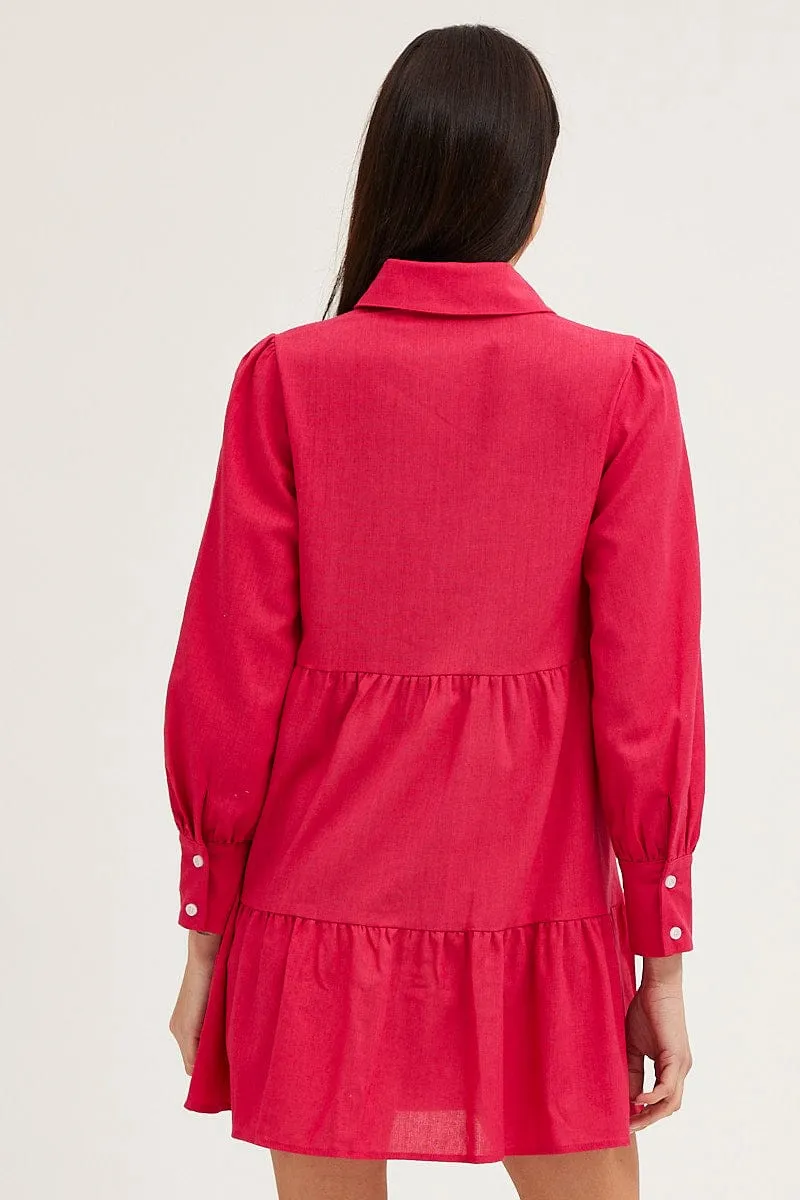 RecycledPolyester Family Style Pink Shirt Dress Long Sleeve Button Front