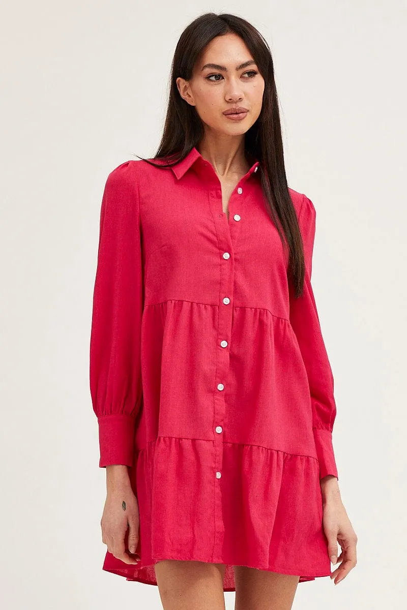 Road Look Elegant Skirt Pink Shirt Dress Long Sleeve Button Front