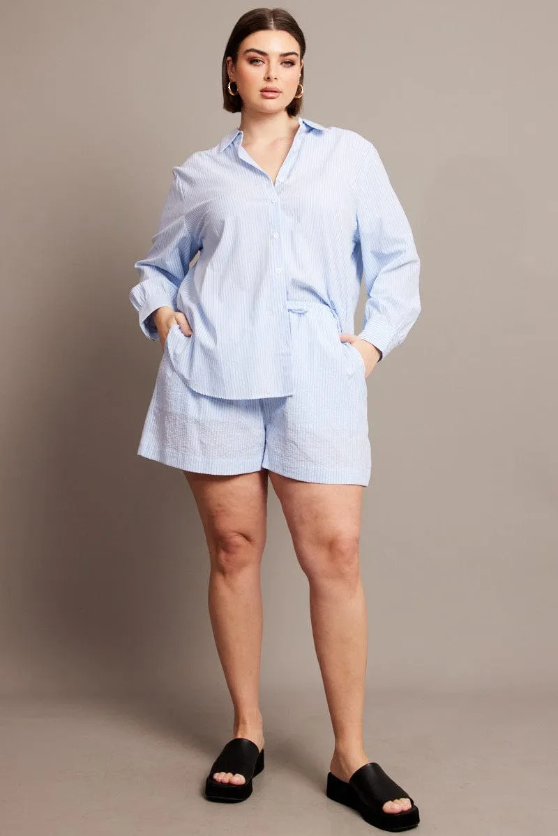 Cozy Style Practical Jacket Blue Stripe Shorts Elasticated Waist