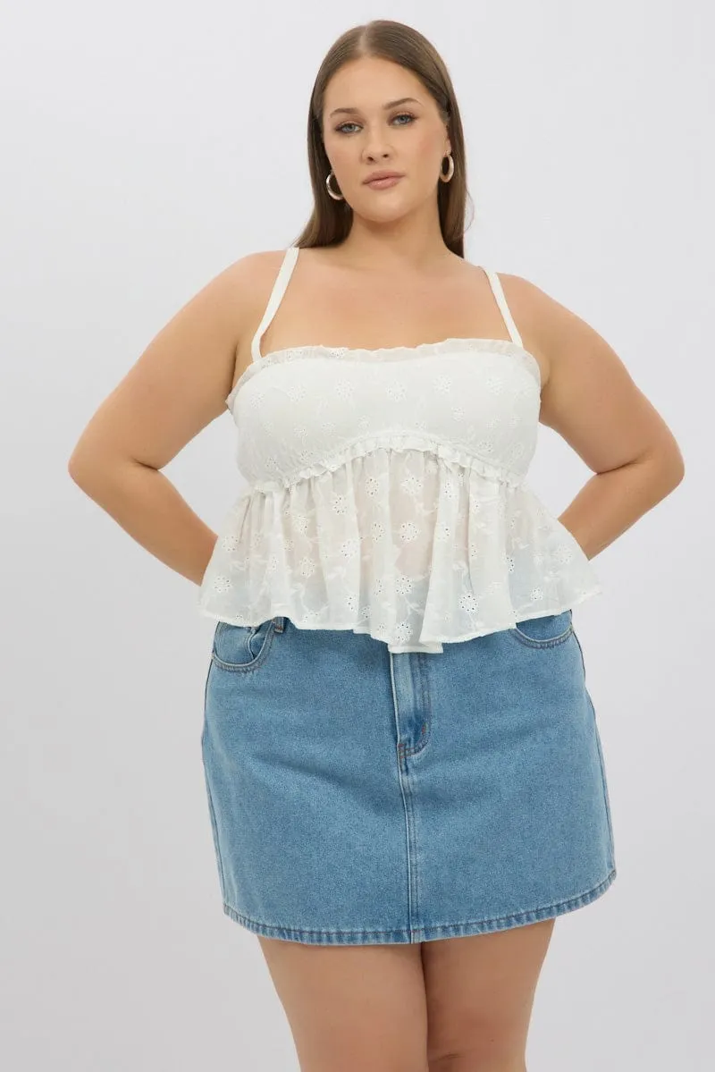 White Broderie Cami Top Ruched Bust Breathable fabric Casual Shoes